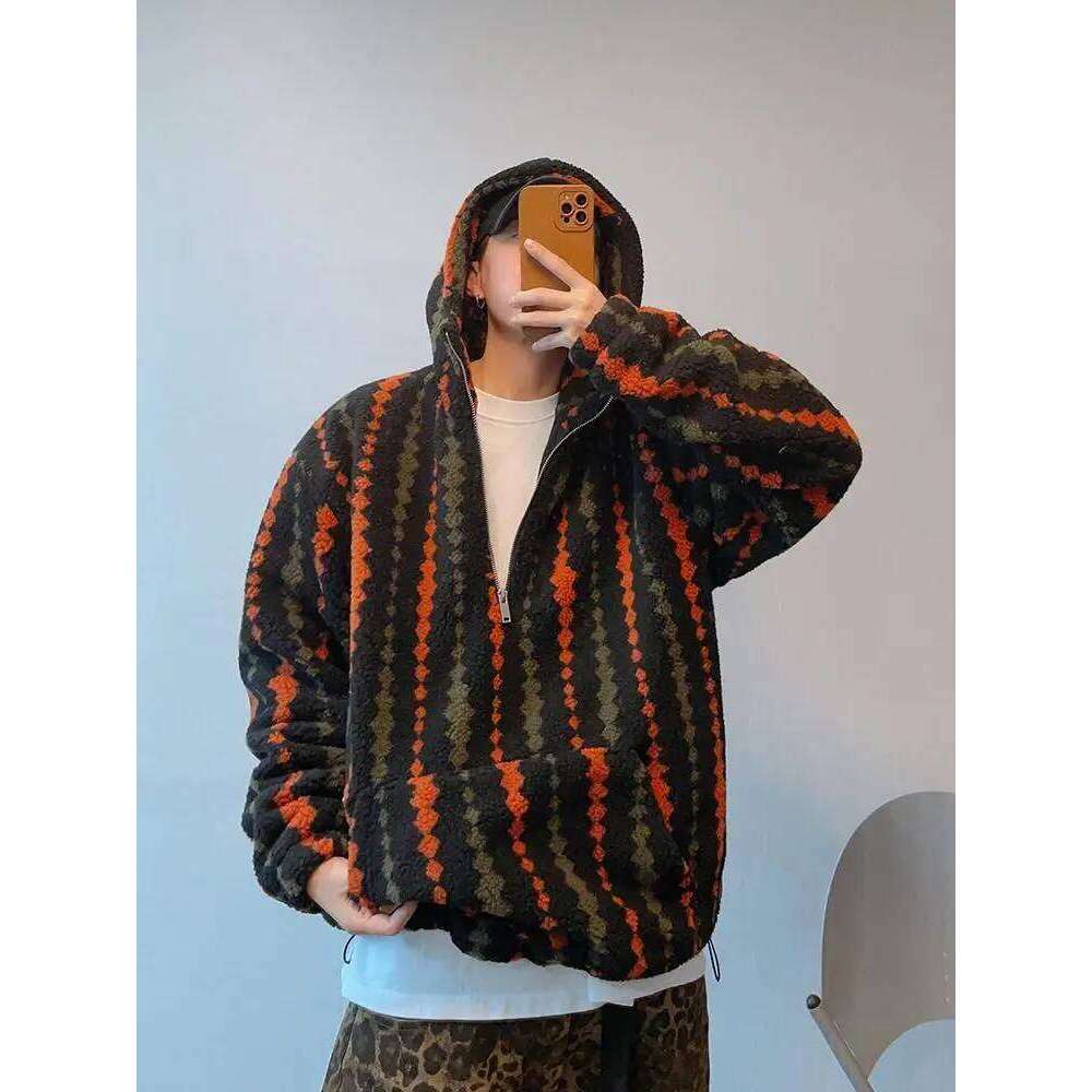 Autumn Winter Plus Size Men Hooded Coats Vintage Faux Lamb Fur Jackets Half-Length Zipper Warm Outwear