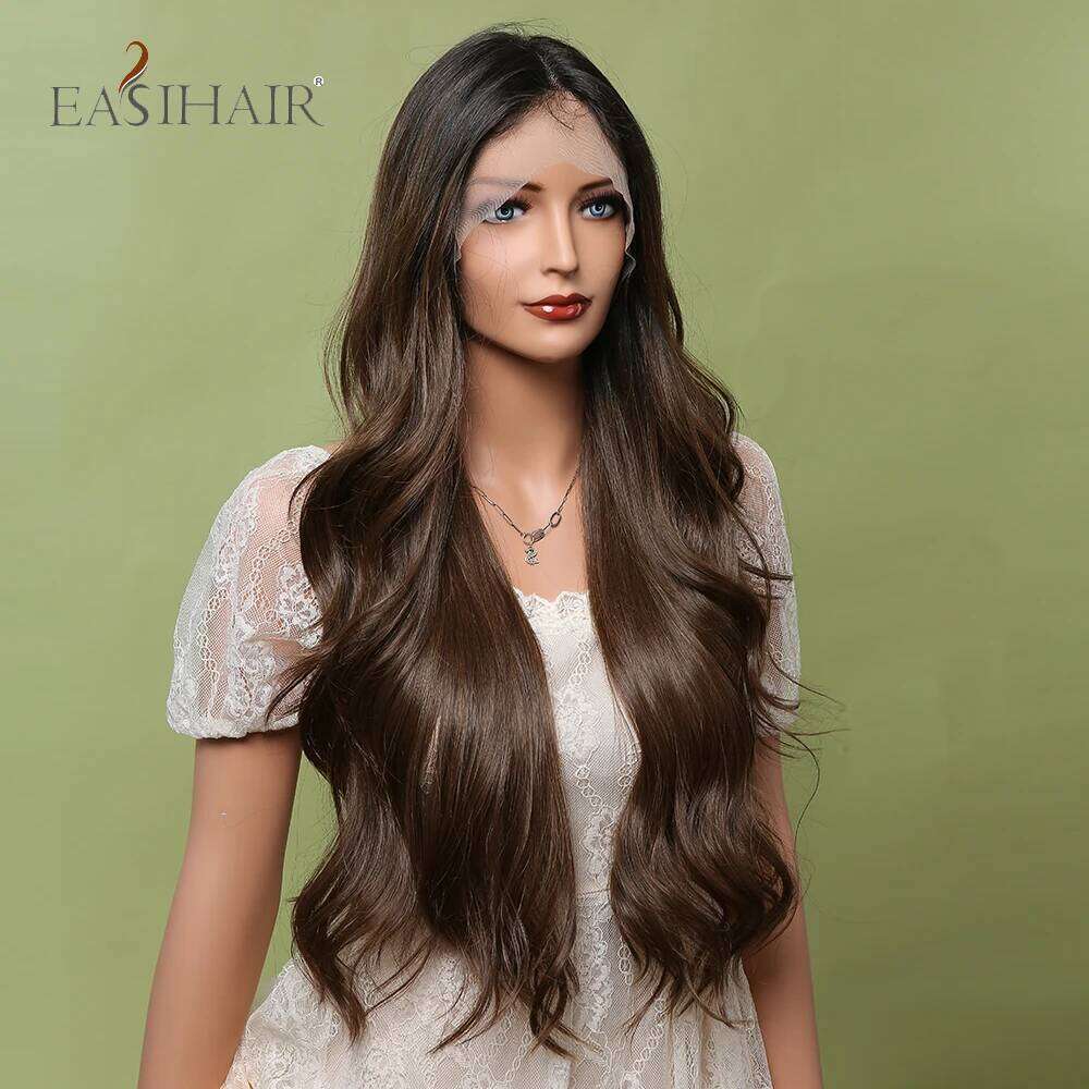 EASIHAIR Ombre Dark Brown Front Middle Part Long Body Wave Synthetic Lace Hair Wigs for Black Women Cosplay