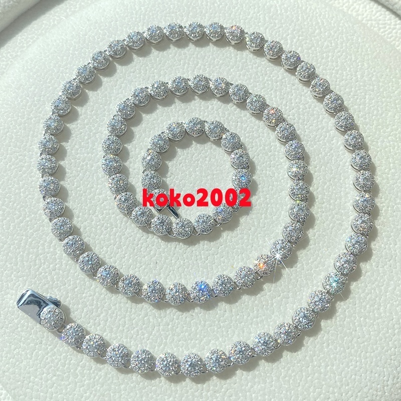 Iced Out Moissanite Chain 5mm Round Tennis Cluster Link Chain Sterling Silver 925 Moissanite Diamond Necklace for Men Women