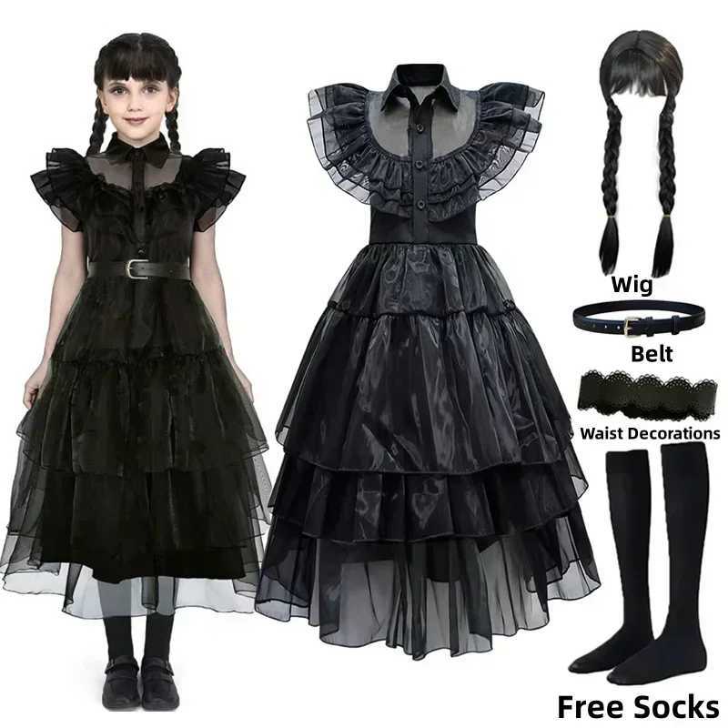 Addams Dress Up Costume for Girls Birthday Halloween Cosplay Par Dress with Wig Belts For Kids 2-12 Years Z250725