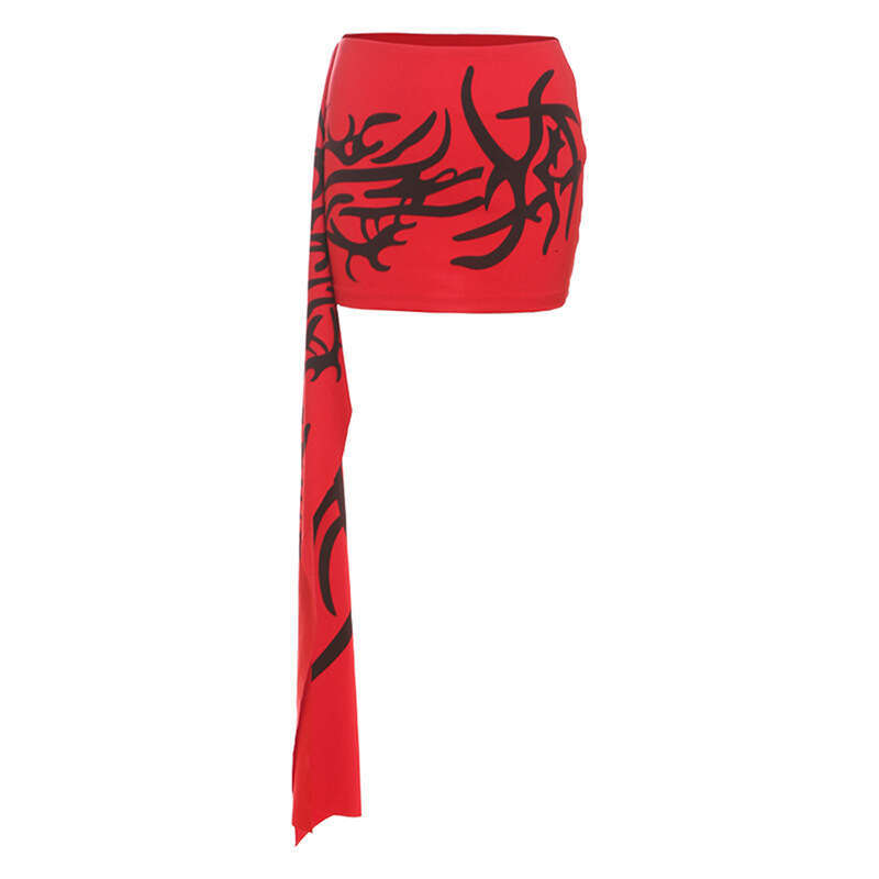 2025 Summer New Trendy Personality Red and Black Color Block Small Ribbon Versatile Bodycon Sexy Mini Skirt e83