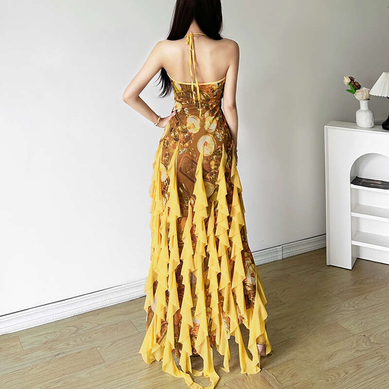 2024 Summer New Sexy Ruffle Vacation Style Halter Neck Strap Dress for Women d45