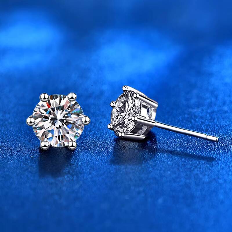 XEZ010 Fashion Luxury Custom Fine Jewelry 925 Sterling Silver Classic Six Claws Round Moissanite Diamond Stud Earrings Women