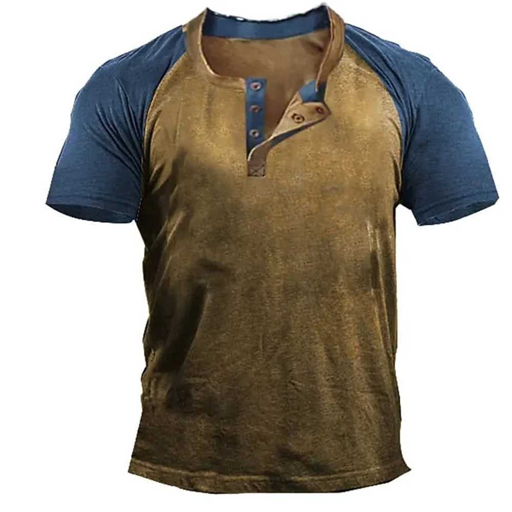 T Shirt Mens Henley Summer Graphic Button Plain 3d Print Street Vintage Casual Short Sleeve Clothing Oversized Tops Streetwear Y250724