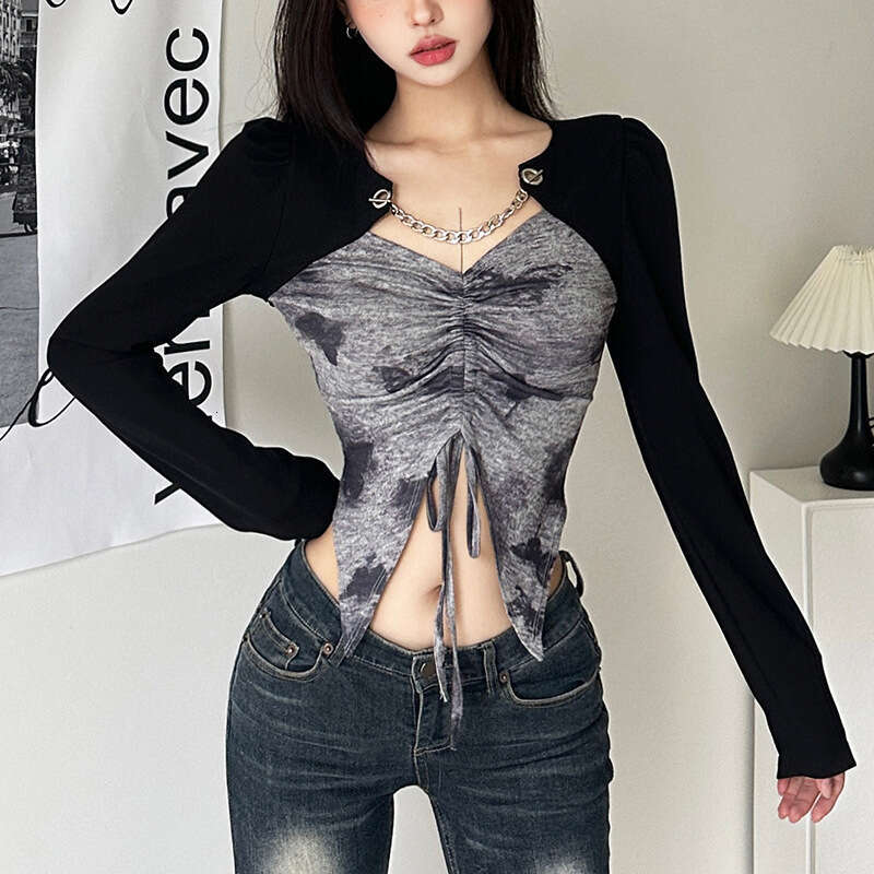 2023 Autumn Winter New Women's Street Fashion Slim Fit Long Sleeve Crop Top T-Shirt 4e2