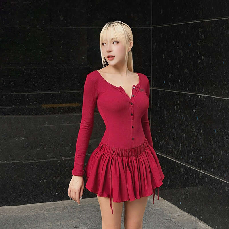 2024 Autumn New Women's Solid Color Slim High Waist Street Fashion Round Neck Long Sleeve Dress 151