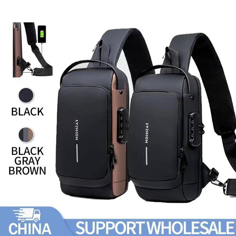 NEW Men Fashion Chest Anti-Theft Tape Portable Backpack With USB Charging Port Male PU Shoulder Outdoor Sports Crossbody Bag