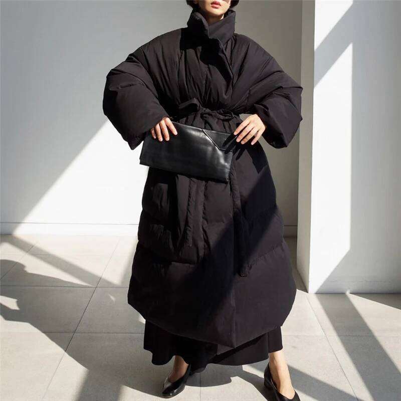 Winter New Stand Collar Jackets Loose Belt Long Sleeve Coat Fashion Solid Cotton Padded Warm Down Overcoat Women