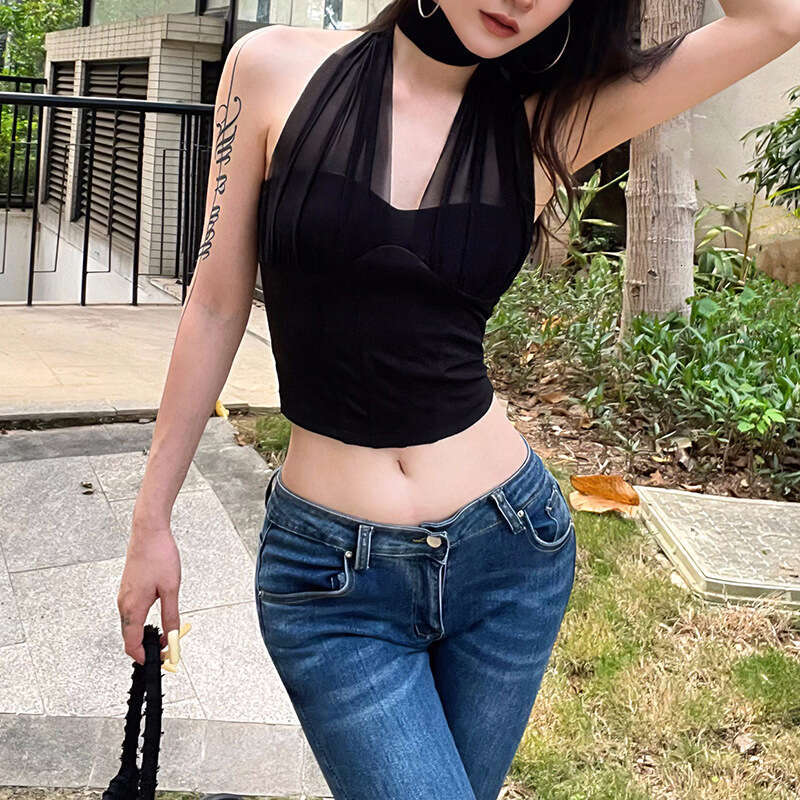 2025 Summer New Women's Solid Color Sexy Halter Neck Faux Fishbone Crop Top Vest b2f