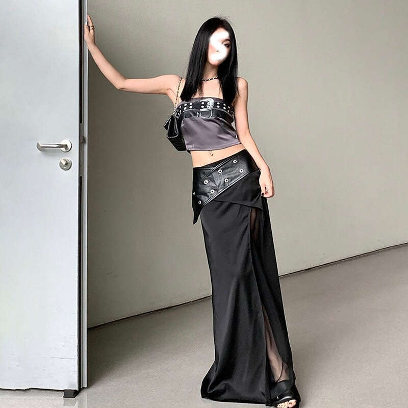 2024 Summer New Sexy Crop Top Wrapped Chest High Waist Long Skirt Set for Women f7a