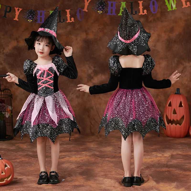 Kids Witch Clothing Set Dress+Hat+Wand+Bag Girls Halloween Wizard Costume 2025 Kid Make Up Par Hag Witch Apparel Vestidos Z250725
