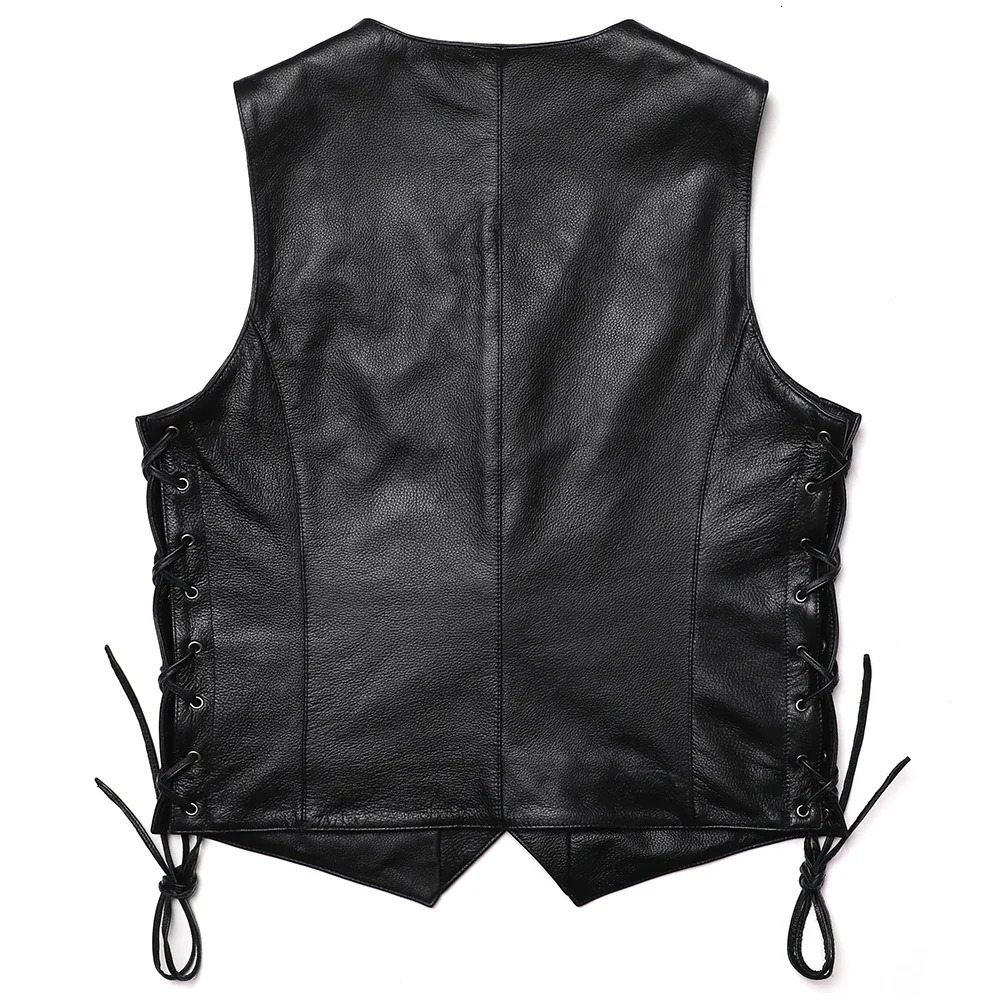 Classical Motorcycle Leather Vest Mens Natural Cowhide Genuine Slim V Neck Tassels Sleeveless Jacket 250725