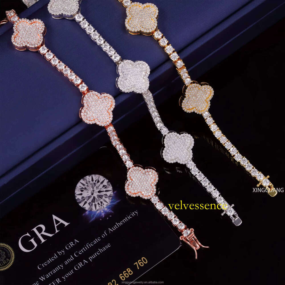 XingGuang Hiphop Cuban Sterling Sier VVS Moissanite Dia Four Leaf Clover Bracelet 3mm 4mm Tennis Chain