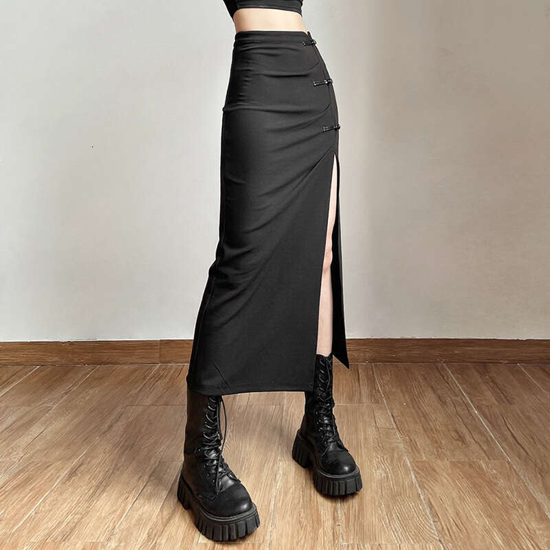 2022 Autumn New Women's Solid Color Slim High Waist Fashion Split Mid-Length Skirt 073