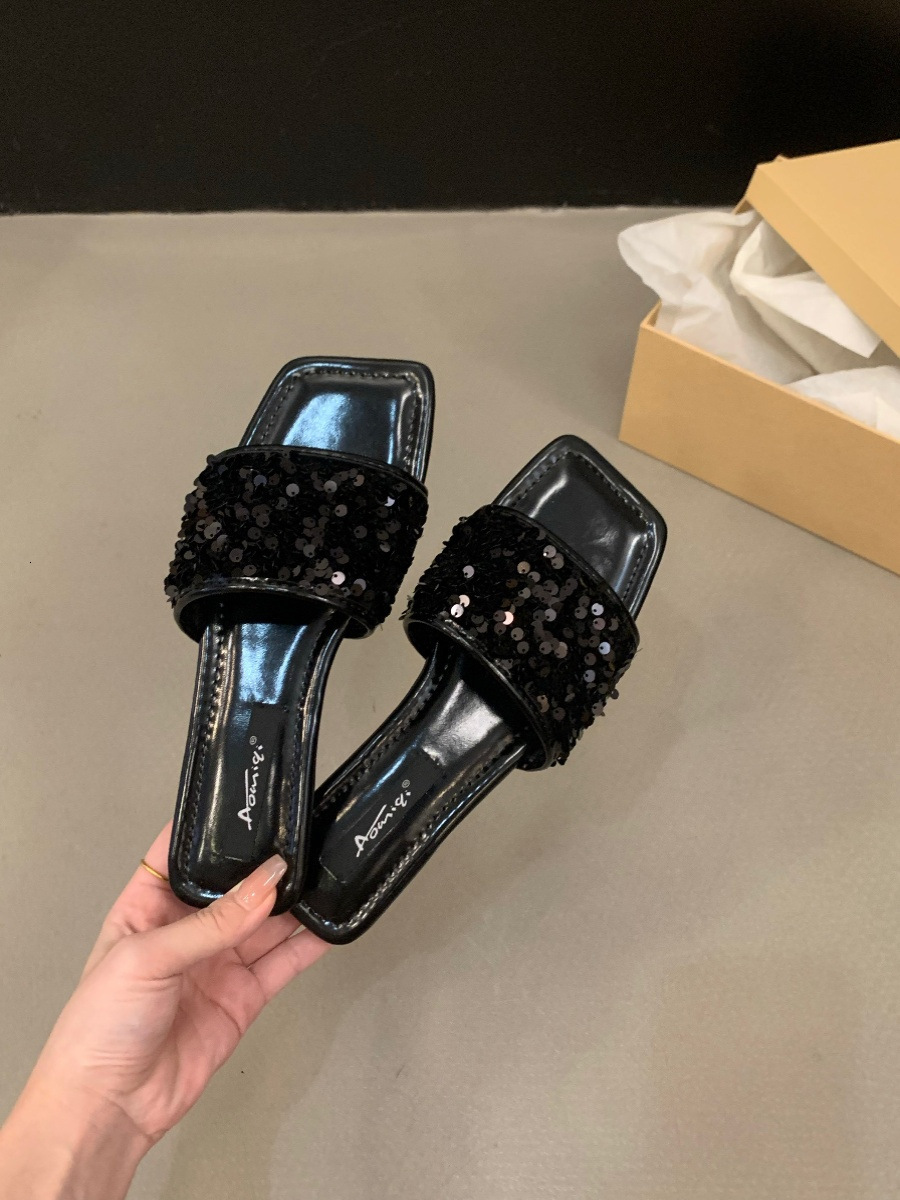 Ddmysports French Style Fairy Shoes One Strap Large Size Flat Sandals Black Spring Summer Women Sequin Low Heel Slippers Outdoor Shoes
