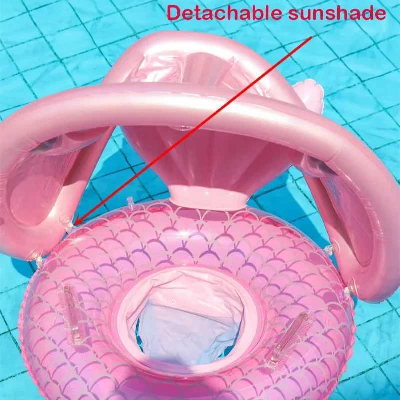 Baby Swimming Circle with Mermaid Tail Outdoor Sunshade with Canopy Inflatable Float Ring Summer Pool Water Toys Equipment M250725