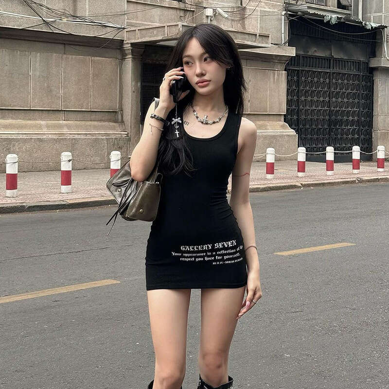 Women's 2024 Summer New Fashion Letter Print Sexy Slim Fit Bodycon Dress e74
