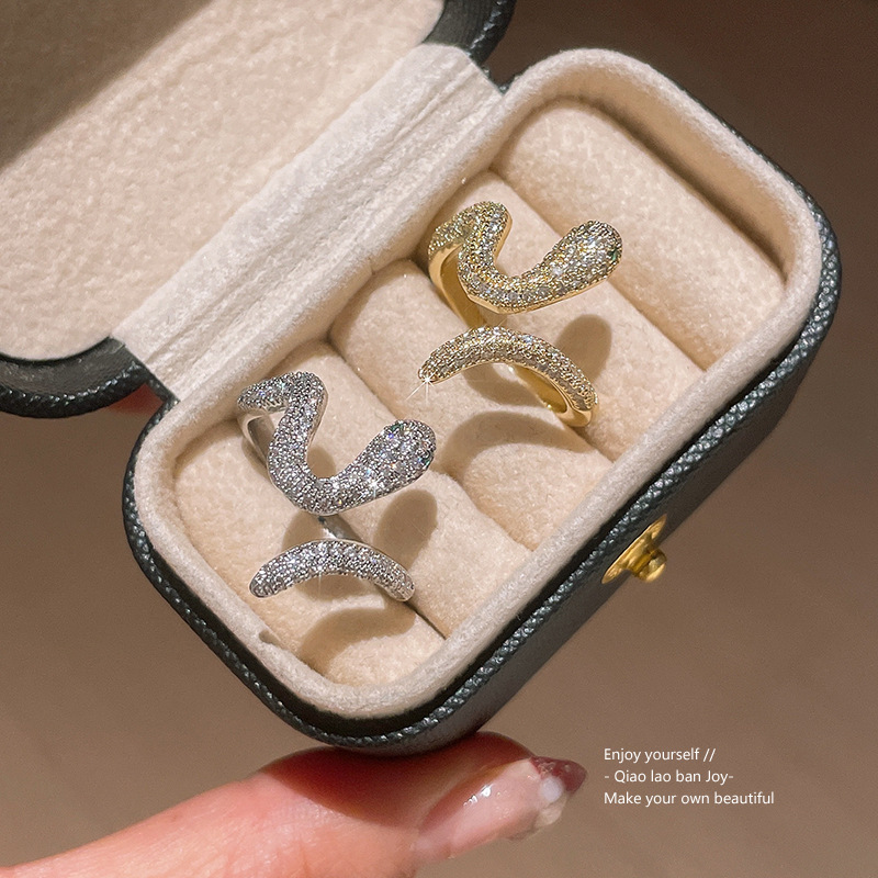 Gold Tone Snake Shaped Ring Pave Crystal Body & Green Gemstone Eyes Edgy Party Jewelry And Gift For Her High Quality Stylish Design