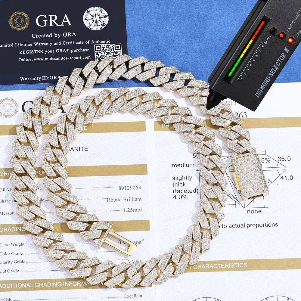 European American Cross-Border 15mm S925 Silver Necklace for Men High-End Hip-Hop Style Diamond-Inlaid Rhombus Cuban Moissanite