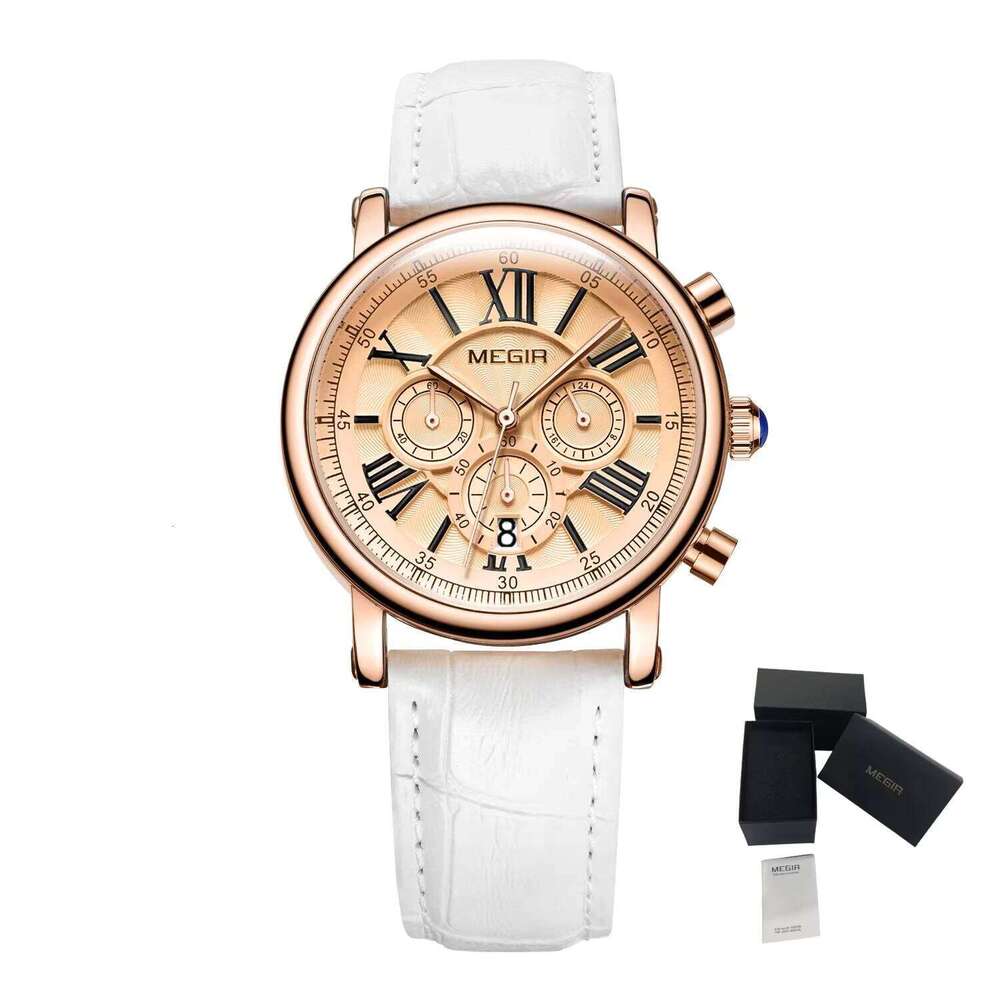 MEGIR Women's Roman Numerals Watch - Leather Strap, Chronograph, Waterproof, 38mm - Fashion Quartz