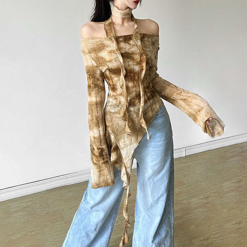 2024 Autumn New Women's Solid Color Slim Street Fashion Off-Shoulder Long Sleeve Top b5f