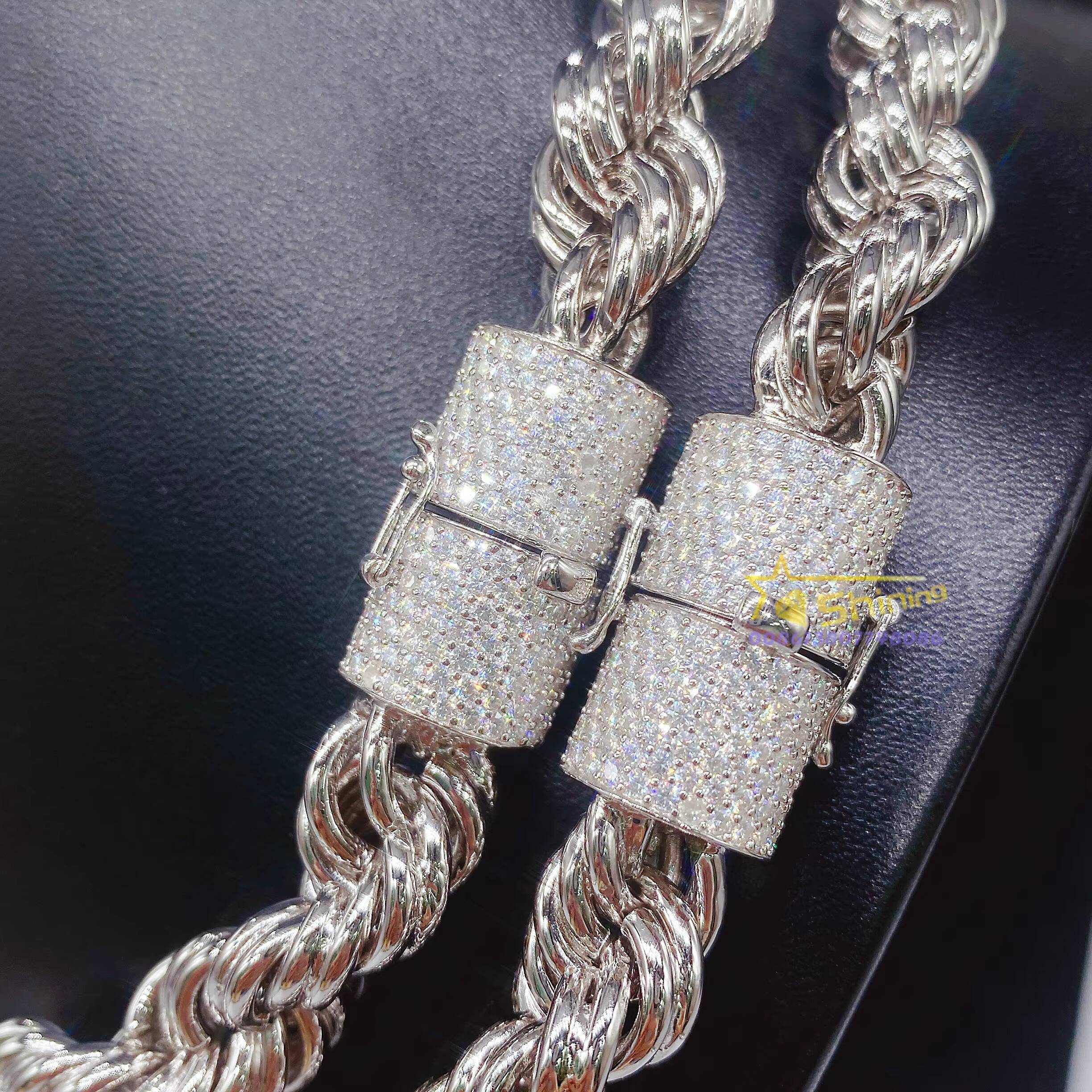 Rapper Jewelry 12mm Wide Bulk Size Necklace 925 Real Silver Iced Out Diamond Clasp Moissanite Rope Chain