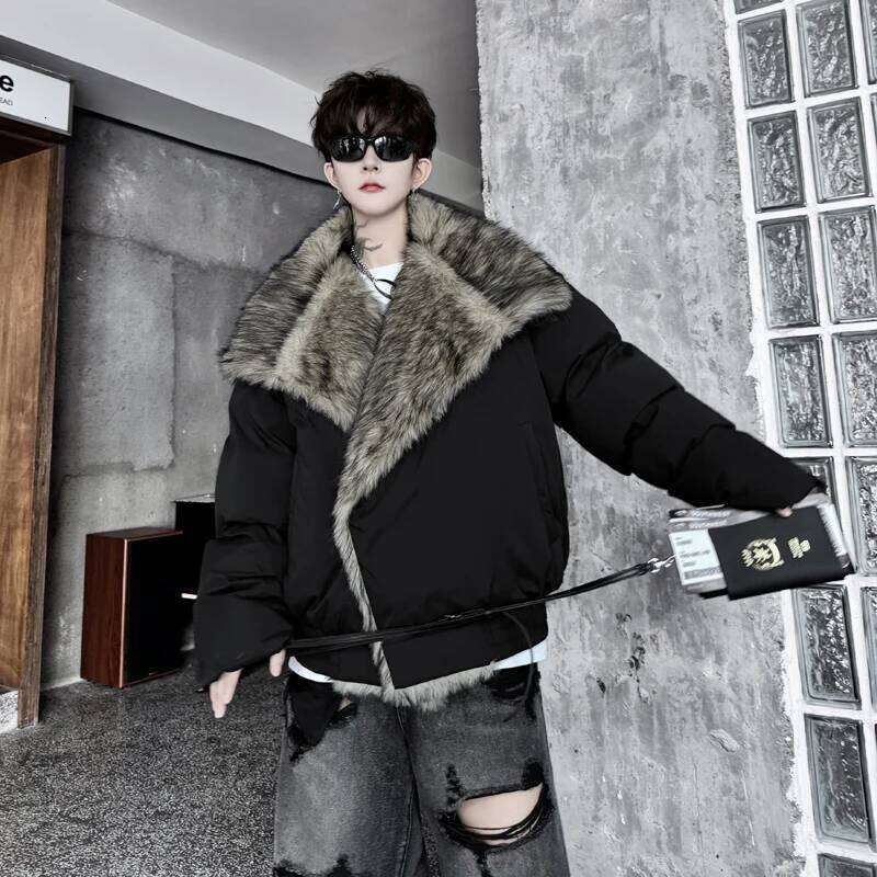 2025 Winter Clothing Male Chic Big Collar High-End Padded Cotton Jacket Faux Fur Trendy Thickened Loose Jackets
