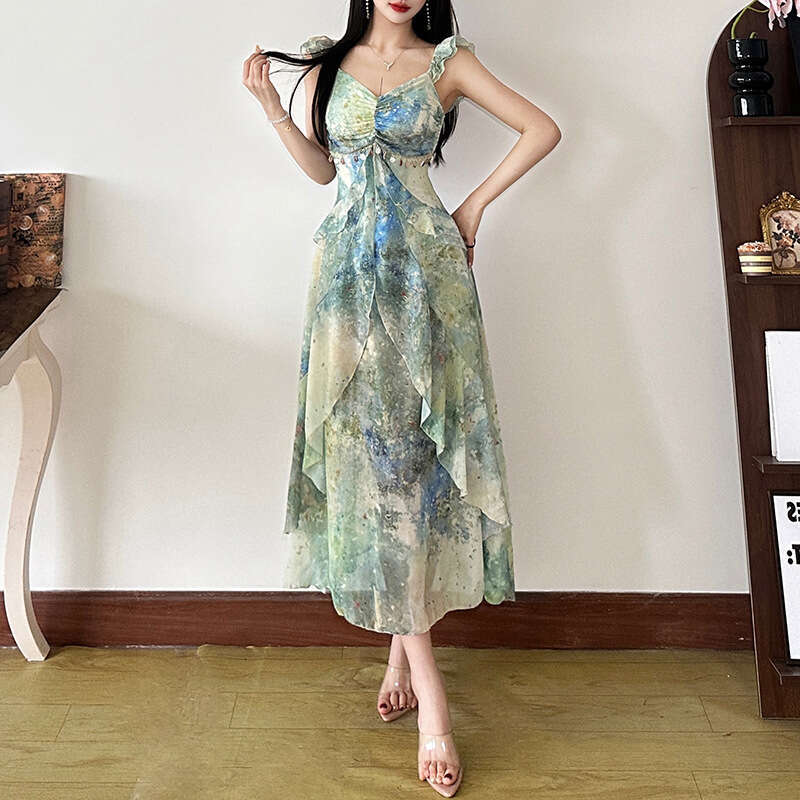 INS2025 Spring New Women's Solid Color Slim Fashion V-neck Strap Sleeveless Dress 46a