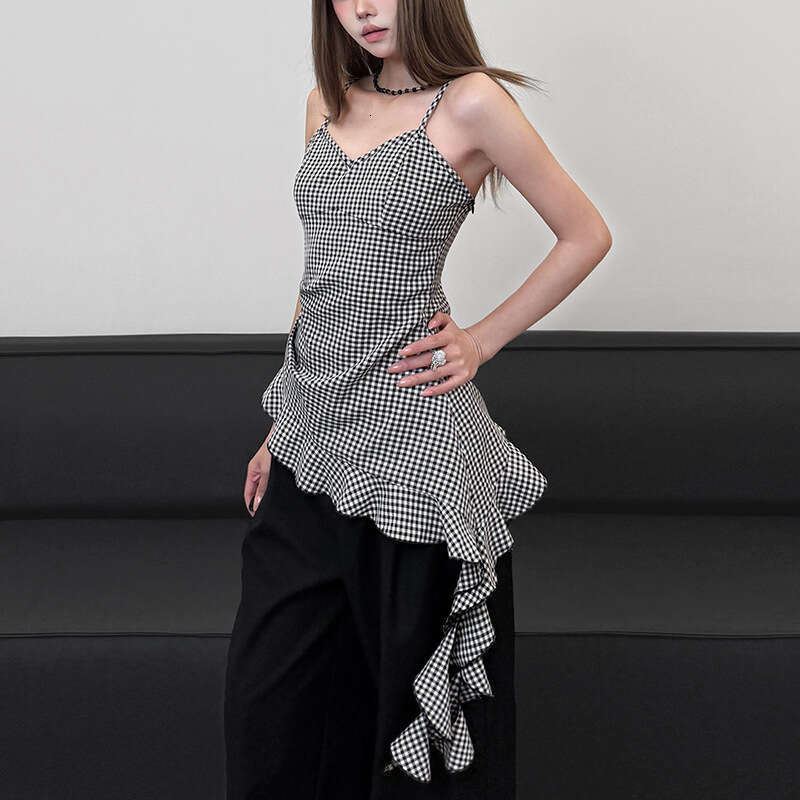 2025 Women's Spring Summer New Street Fashion Plaid Sexy Strap Irregular Tank Top e83