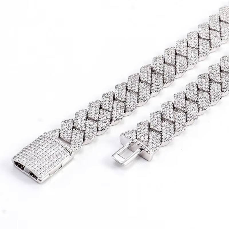 Factory Wholesale 925 Silver Gold Plated 15mm Moissanite with 3-Row Silver Inlaid Hip-Hop Style 7-24 Inches Cuban Chain Necklace