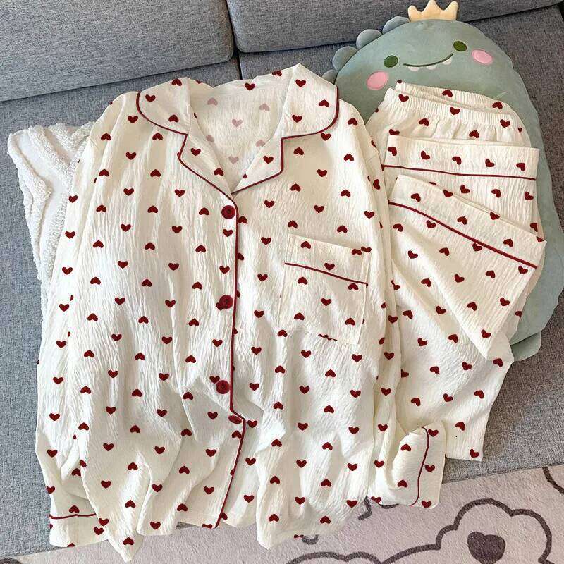 Designer Leisure High Quality Spring and Autumn New Women's Girl Love Cardigan Pamas Crinkled Fabric Loungewear Long Sleeve Set