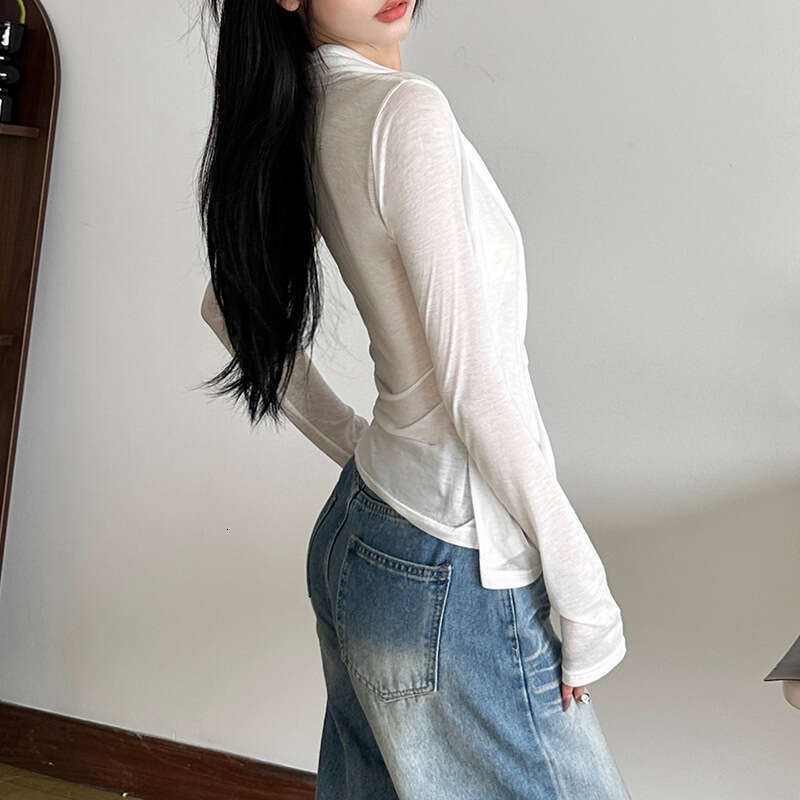 2024 Autumn Winter New Women's Solid Color Slim Street Fashion V-Neck Long Sleeve Sheer Top 17e