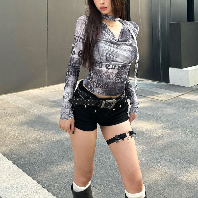 Women's Clothing 2024 Autumn Winter New Street Fashion Printed Long Sleeve V-Neck Slim Fit T-Shirt for Women 44d