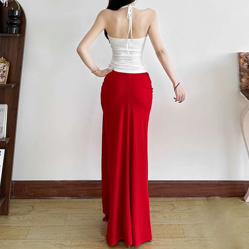2025 Summer New Halter Neck Backless Sleeveless Slim Top High Waist Ribbon Skirt Set for Women dfb