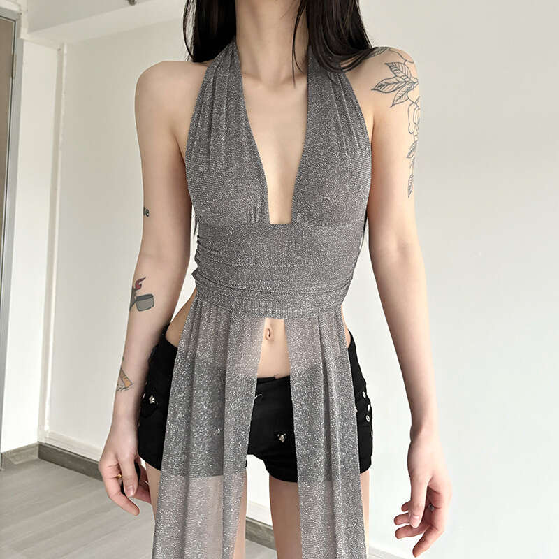 2025 Summer New Sexy Halter Neck One-Piece Slim Fit Slimming Hot Girl Versatile Irregular Top 418