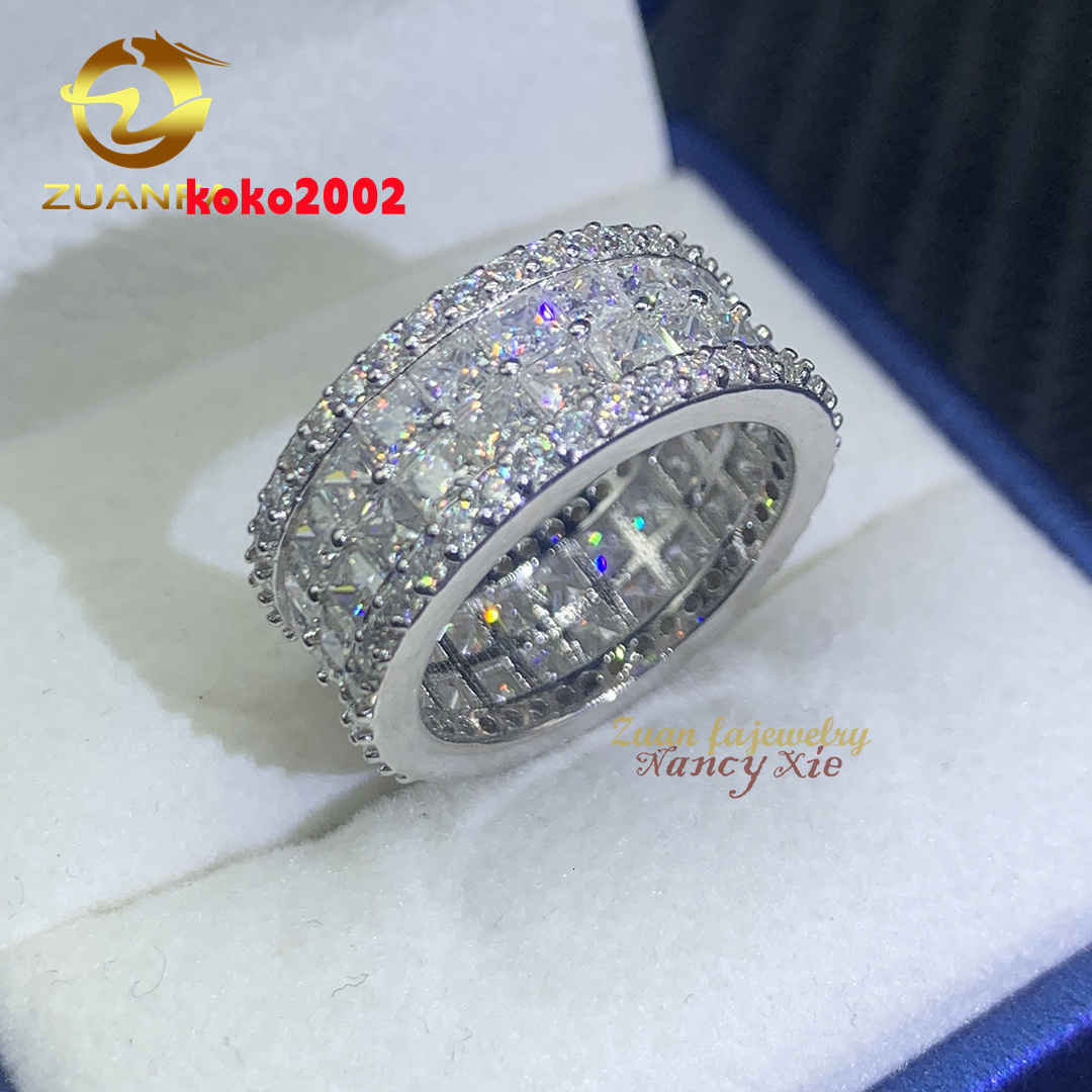 Fashion Jewelry Hip Hop Mens Cuban Gold Ring Iced Out 925 Sterling Silver 2 Rows VVS Princess Cut Moissanite Diamond Ring