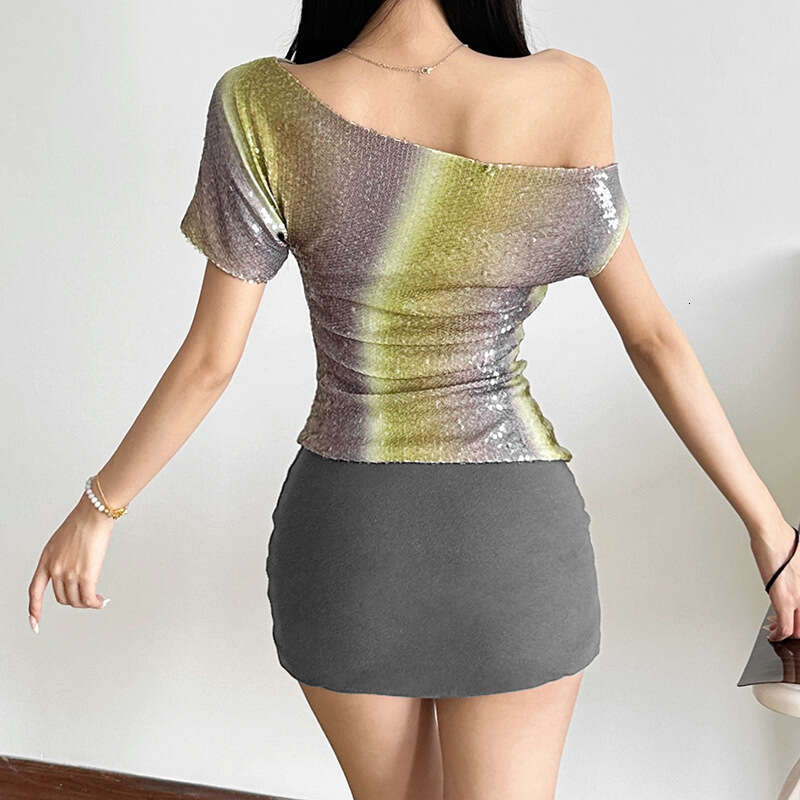 2025 Spring New Women's Fashion Solid Color Slim Street Style Asymmetrical Neck Short Sleeve Backless Top fc0