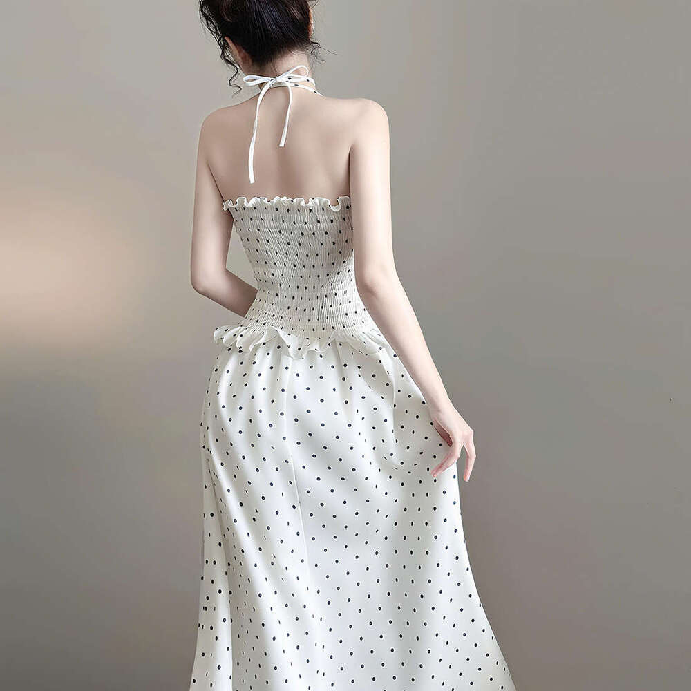 2025 Summer New French Style Polka Dot Print Halter Neck Sleeveless Pure Desire High-end Elegant Dress 21d