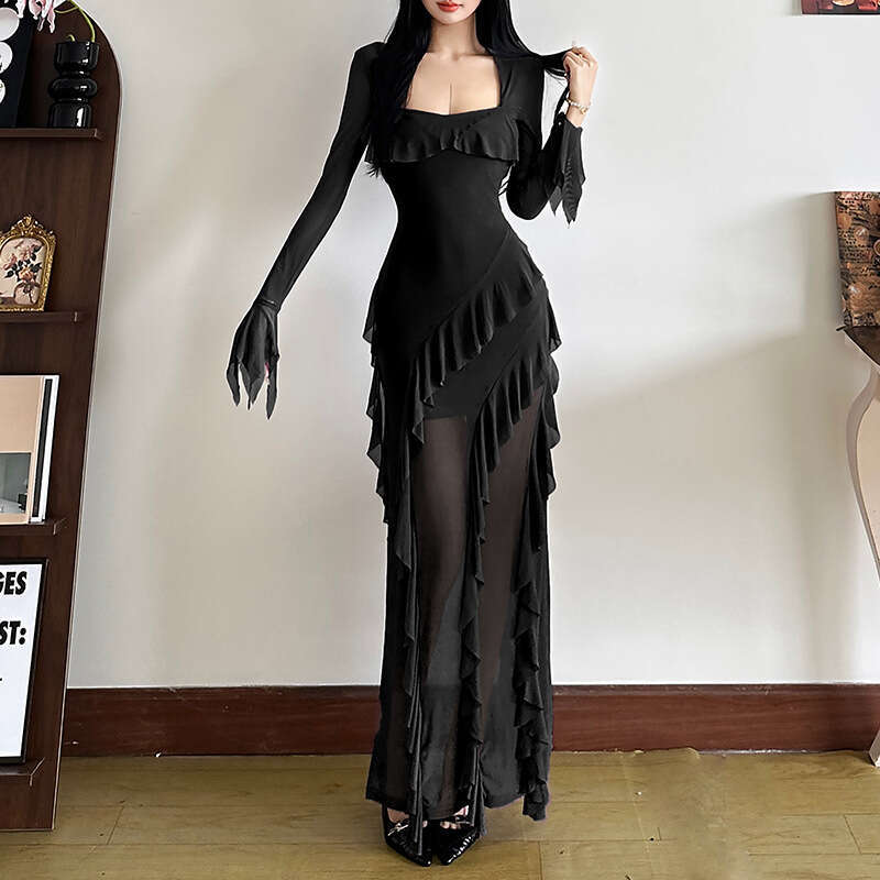 2024 Autumn Winter New Women's Solid Color Slim High Waist Street Fashion Square Neck Long Sleeve Dress 022