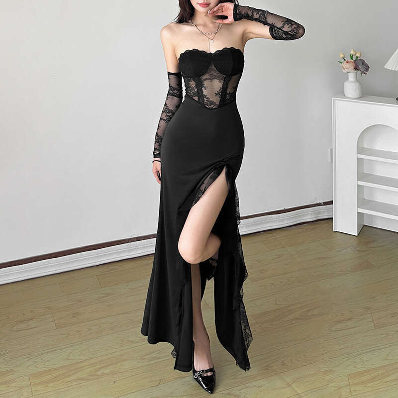 2024 Autumn New Women's Solid Color Slim High Waist Fashion Off-Shoulder Tube Dress 8c3