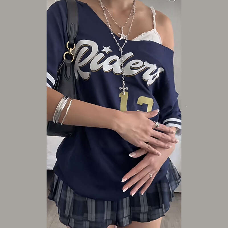 2024 Summer New Women's Solid Color Loose Street Fashion Asymmetrical Neck Short Sleeve Top 295