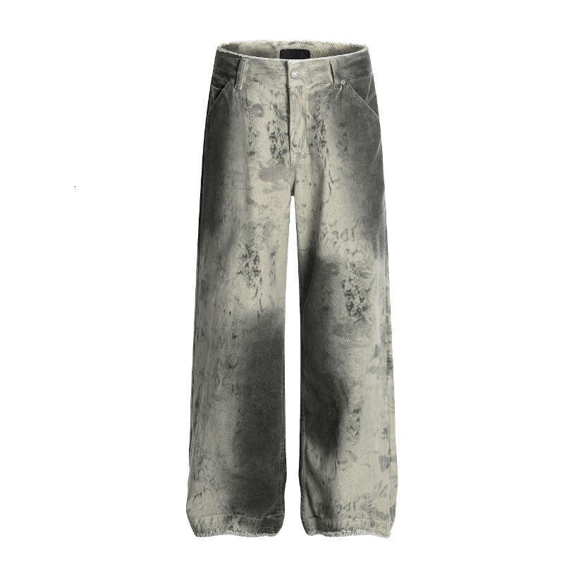 American High Street Dirty Dye Snake Print Jeans For Men, Summer Lightweight Trendy Loose Fit Versatile Wide Leg Pants B5