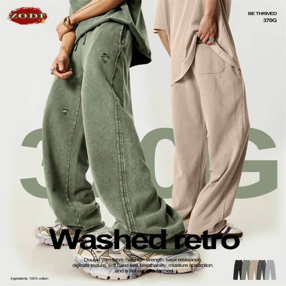 ZODF Vintage 2025 Spring Men Washed Cotton Pants Unisex High Street Cut Holes Oversized Straight Trousers Brand Clothes HY1022