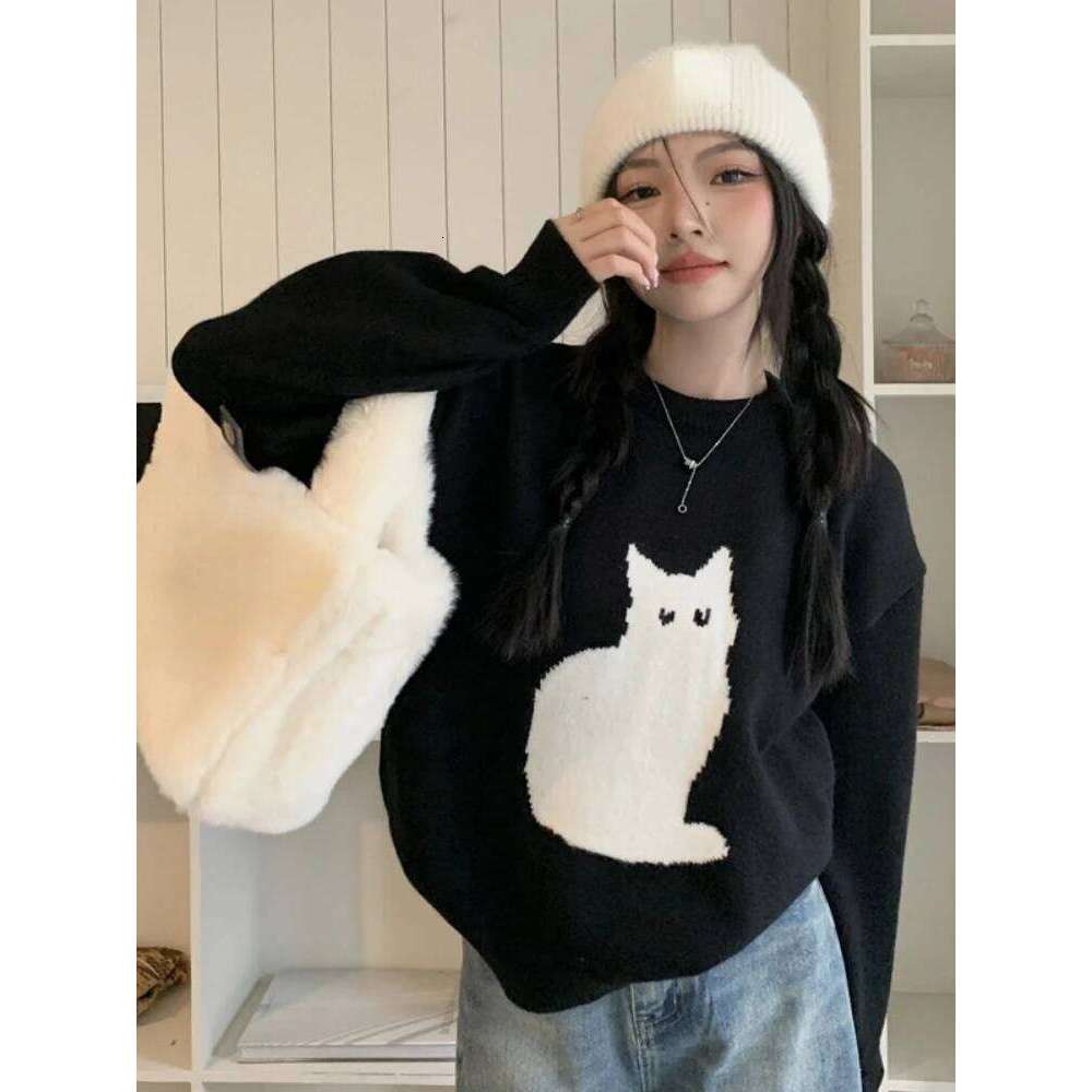 Sweet Cartoon Cat Jumper Warm Sweater Women Japanese Loose Vintage Knit Fashion Top Kawaii Girls ins Winter 2022 New