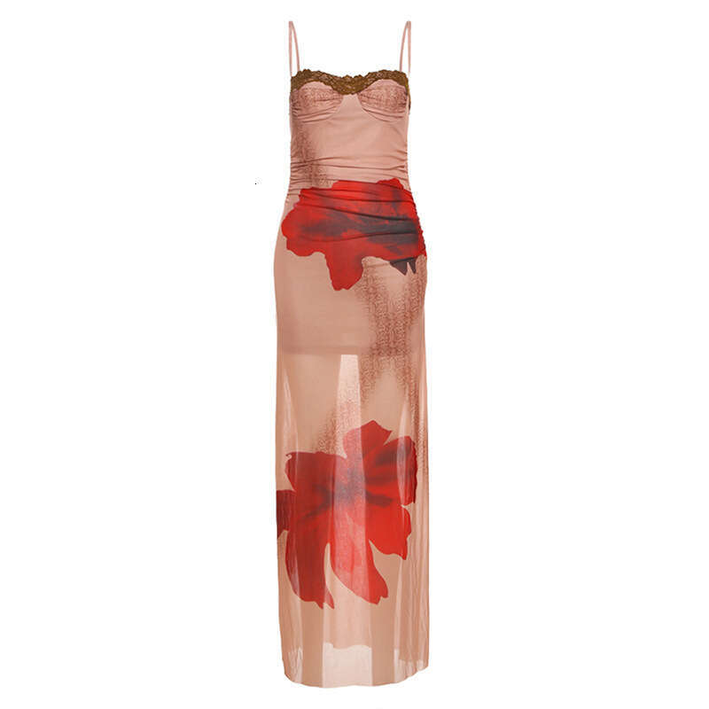 2025 Summer Ins Style Plant Print Slim Sleeveless Backless Slimming Color Block Lace Strap Long Dress for Women 2a1