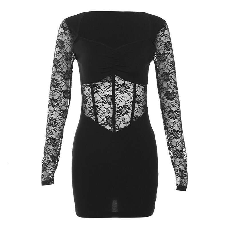 2023 Autumn Winter New Women's Solid Color Slim Fashion Square Neck Long Sleeve Mesh Patchwork Dress f01