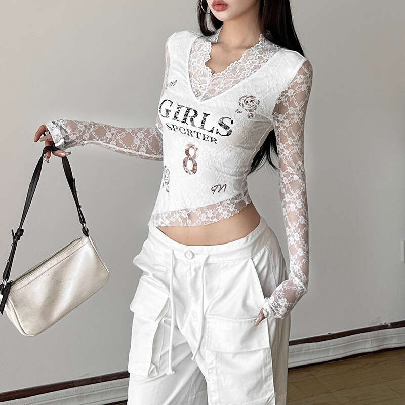 2024 Autumn New Women's Fashion Solid Color Slim Street Style V-Neck Long Sleeve Printed Top 55b