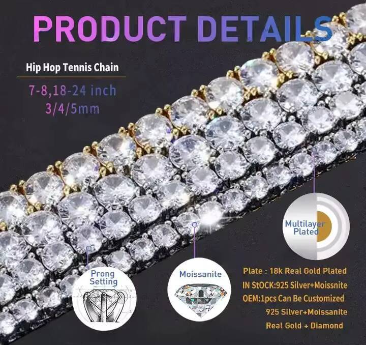 Fashion Jewelry 5mm Tennis Bracelet With 925 Silver Bracelet Vvs Moissanite Bracelet Tennis Chain Custom Size for Women