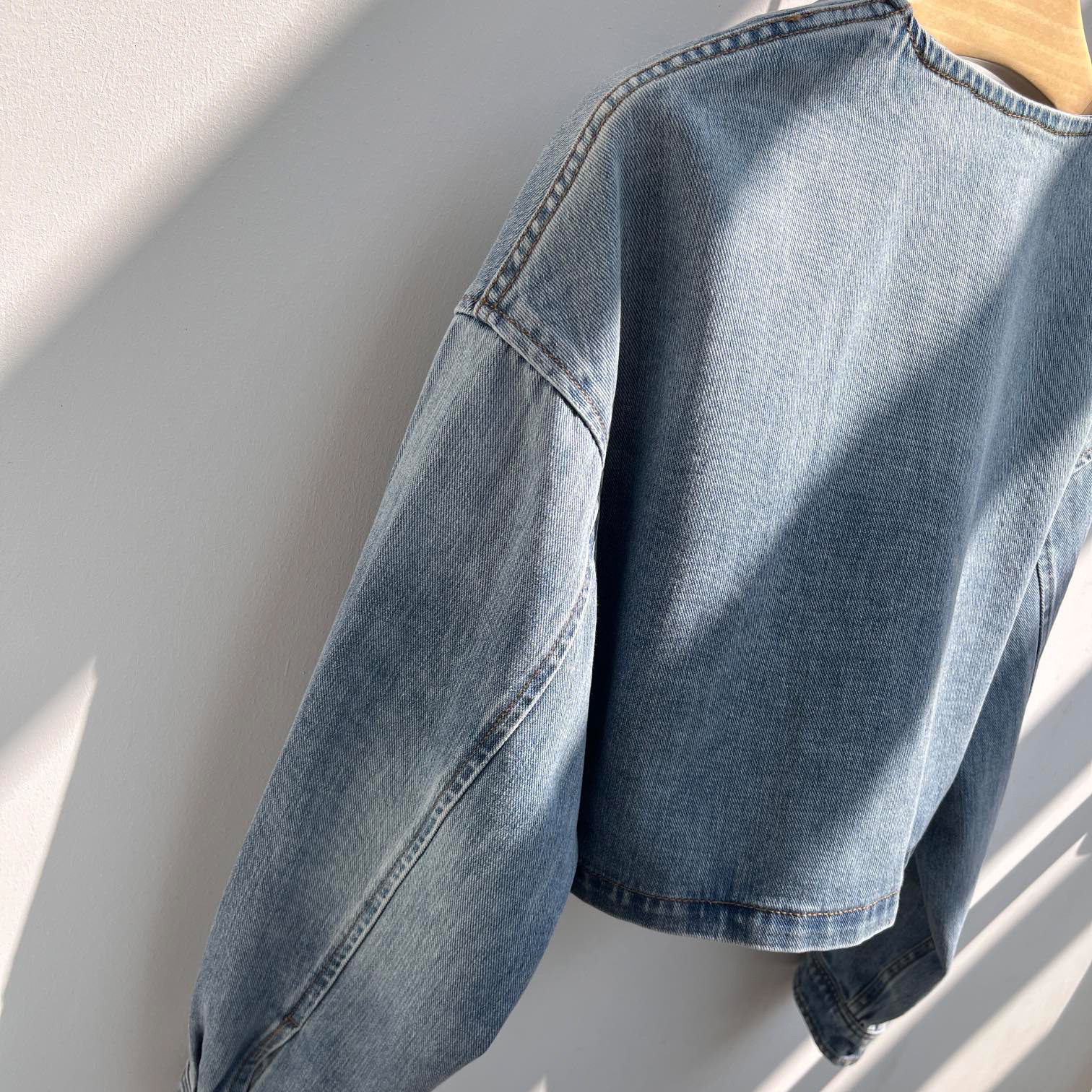 0410x7~Fashion Simple Soft Versatile Slimming Washed Round Neck Short Denim Jacket for Women 250724