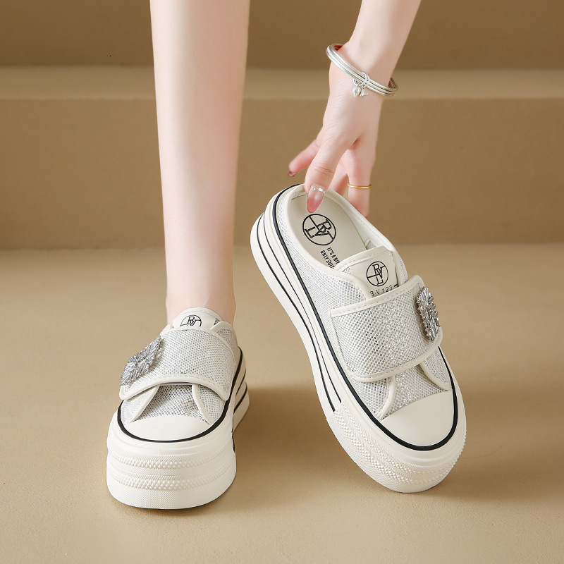 Ddmysports Thick Soled Closed Toe Half Slippers Women Summer New Breathable Mesh White Shoes Slip On Sandals For Outdoor Shoes